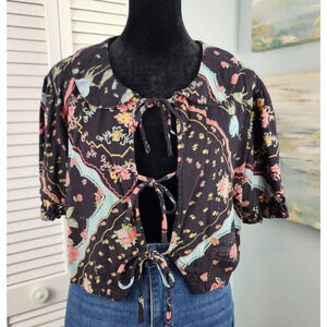 Kimchi Blue Floral Crop Top Large Tie Front Linen Blend